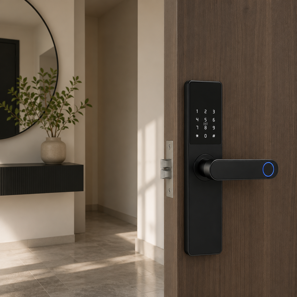 Serrure connectée noire installée sur une porte d'entrée d'appartement dans un hall élégant