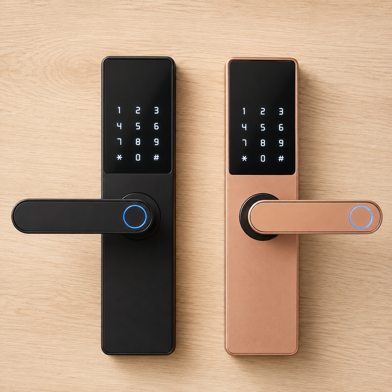 Comparaison des deux finitions de la serrure, noir mat et or rose, sur fond bois clair