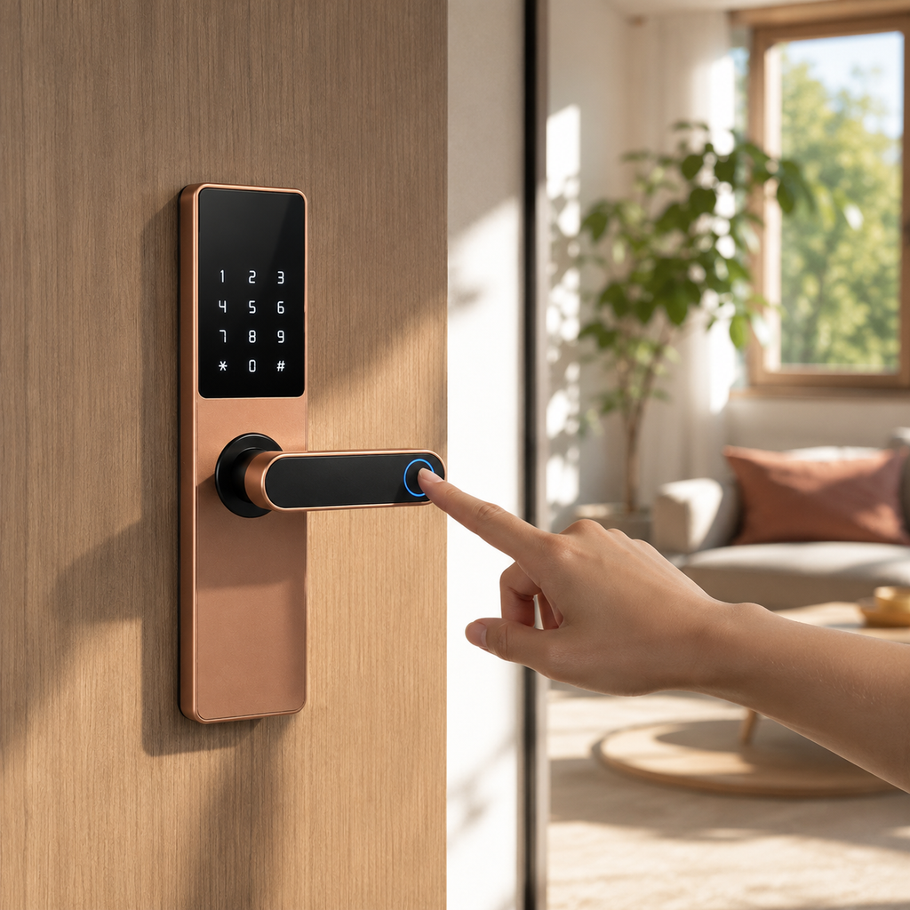 Main scannant une empreinte digitale sur la serrure installée sur une porte d'entrée