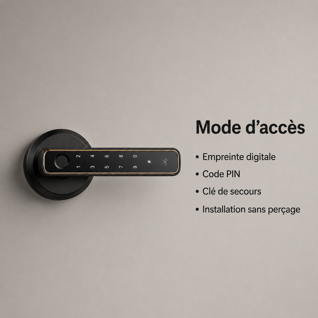 Serrure sur fond gris perle présentant ses modes de déverrouillage