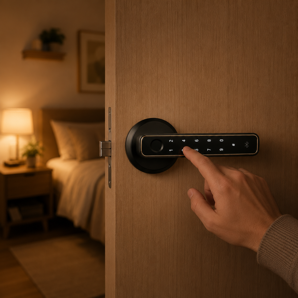 Main scannant une empreinte digitale sur la serrure installée sur une porte d'entrée